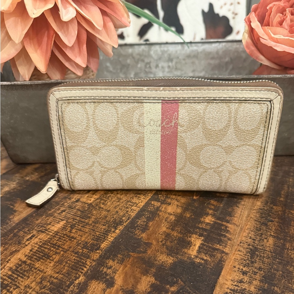 Coach Signature Canvas Zip Wallet in Beige with Pink and Cream Stripe